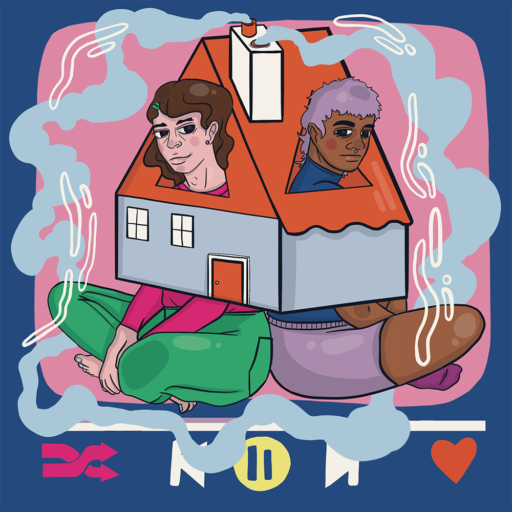 Zwee Leit sëtzen an engem Haus.